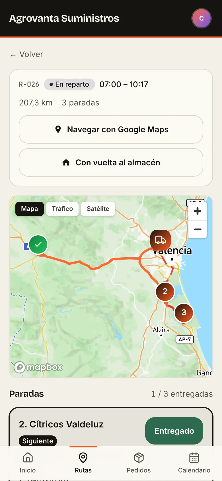 Ruta en la app del conductor: mapa con la parada entregada y las siguientes, y la lista de paradas